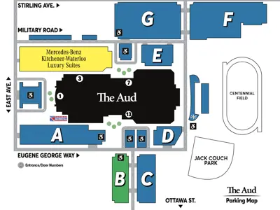 Lot G and F run along Stirling Avenue and Military Road. Lot E runs across the street on military road across from lot G. The Mercedes-Benz Kitchener-Waterloo Luxury Suites lot runs at the corner of Military Road and East Avenue behind the Aud. Lot A is in front of the Aud at the corner of East Avenue and Eugene George Way. Lot D is on the corner of Eugene George Way and the road that runs beside Jack Couch Park. Lots B and C run on either side of the road that you access from entering the Aud via Ottawa