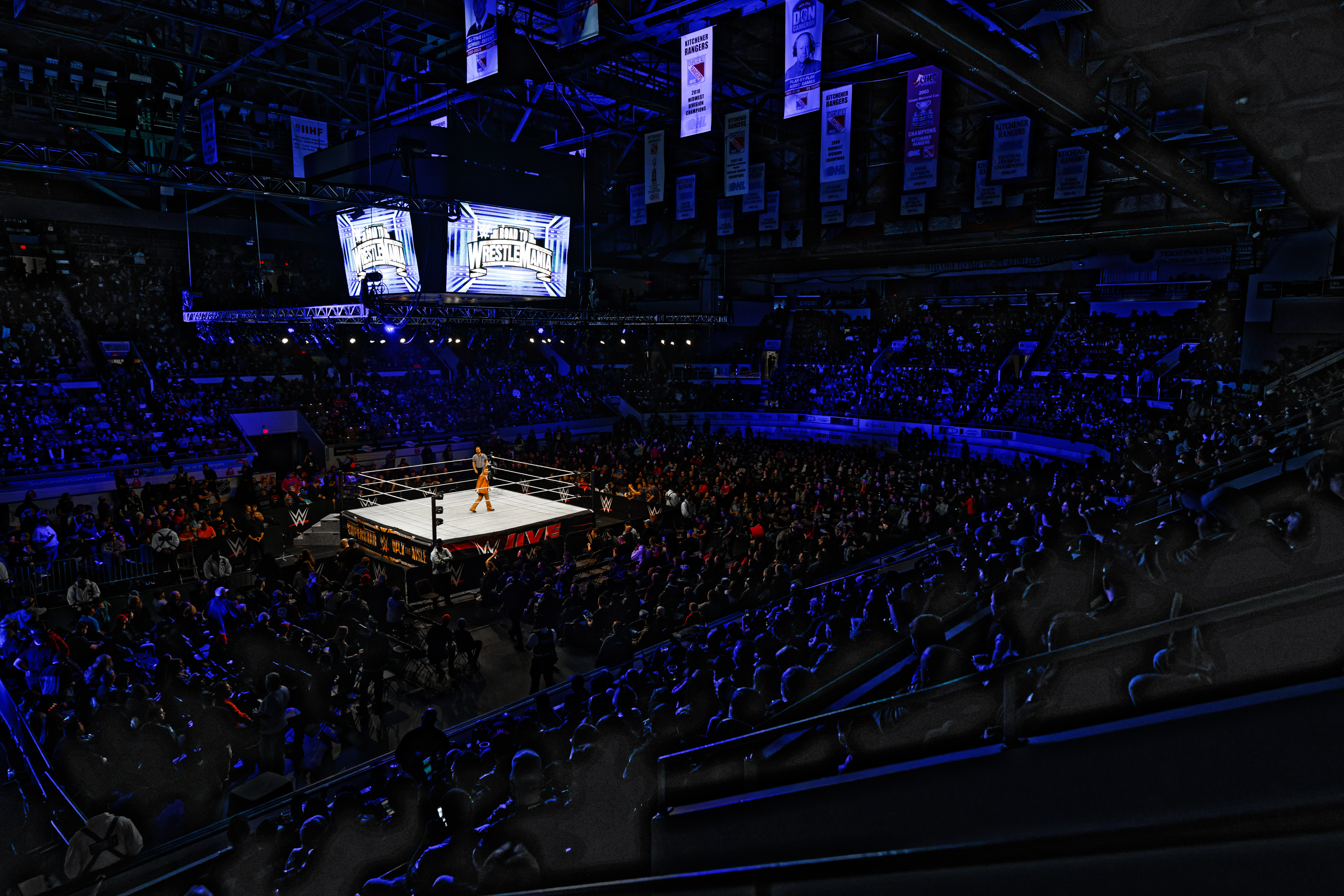 Looking down at a wrestling ring